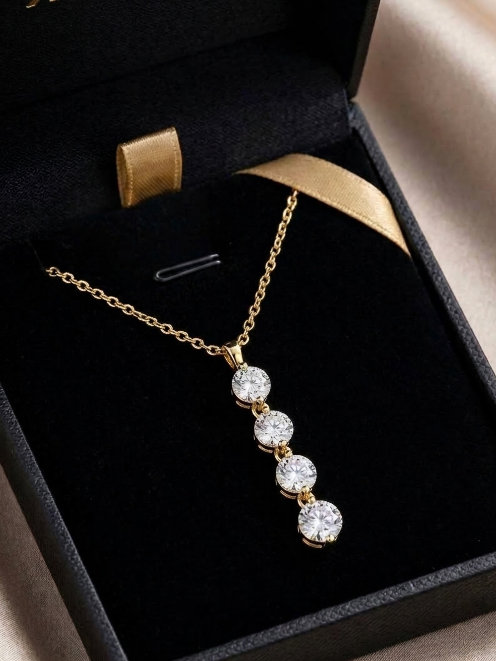 Moissanite Gold 4 Stone Pendant Drop Necklace